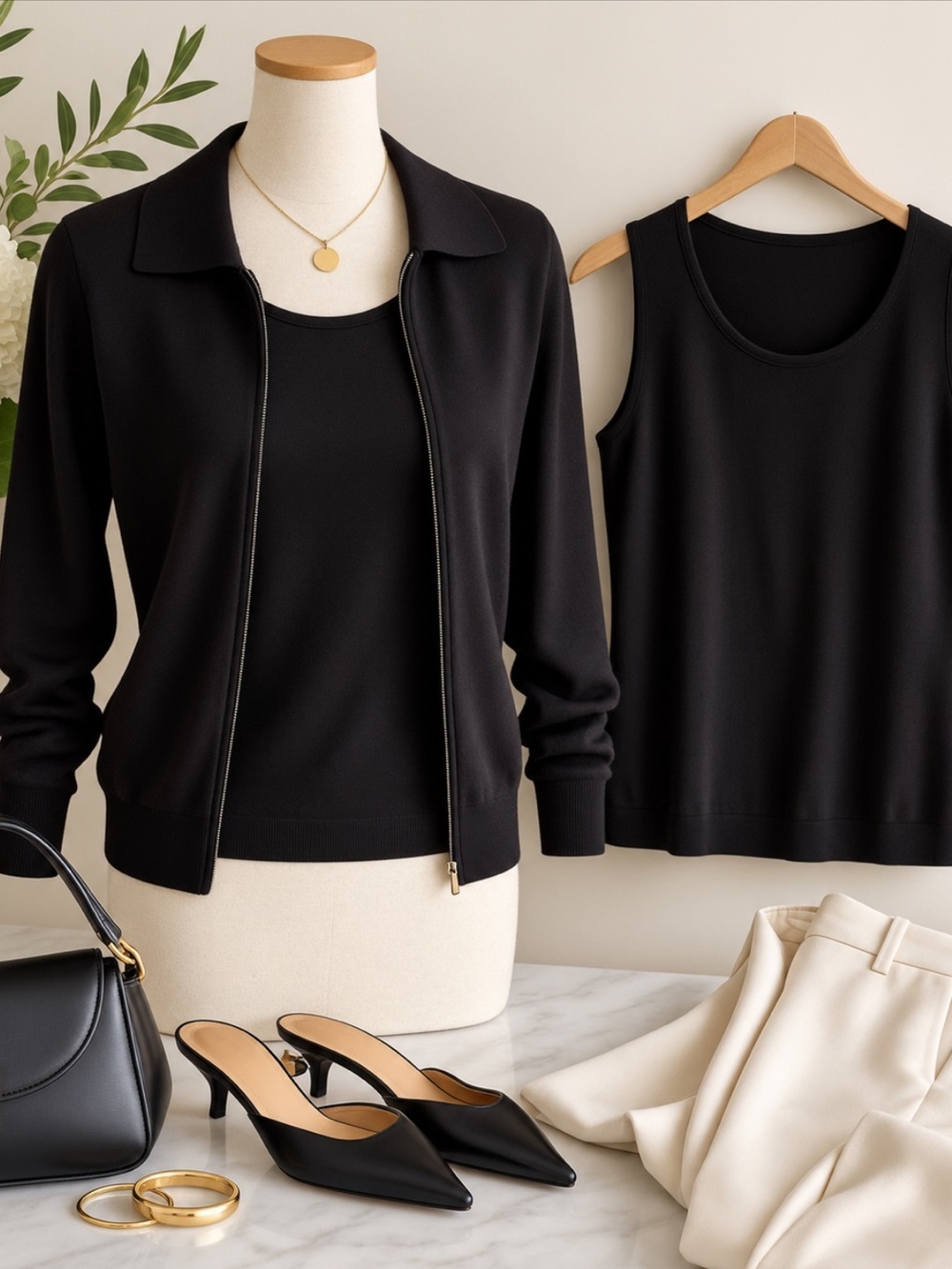 Valerie Steven Silk blend 2 Piece Black Tank & Zip Cardigan